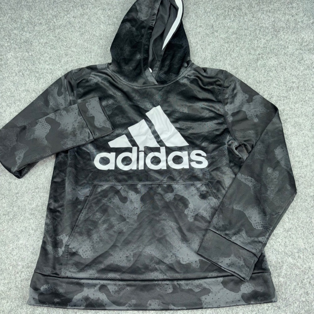 Adidas Hoodie Kids Size Large 14/16 Black Grey Camo Logo Pullover Sweatshirt 80c